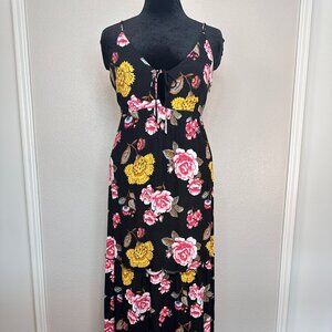 Forever 21 Black w/ Yellow & Pink Floral Strap/Keyhole Maxi Dress - Women's L